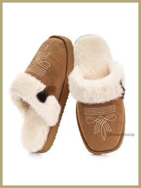 Western Square Toe Slippers Fuzzy Fleece Lined Memory Foam House Shoes